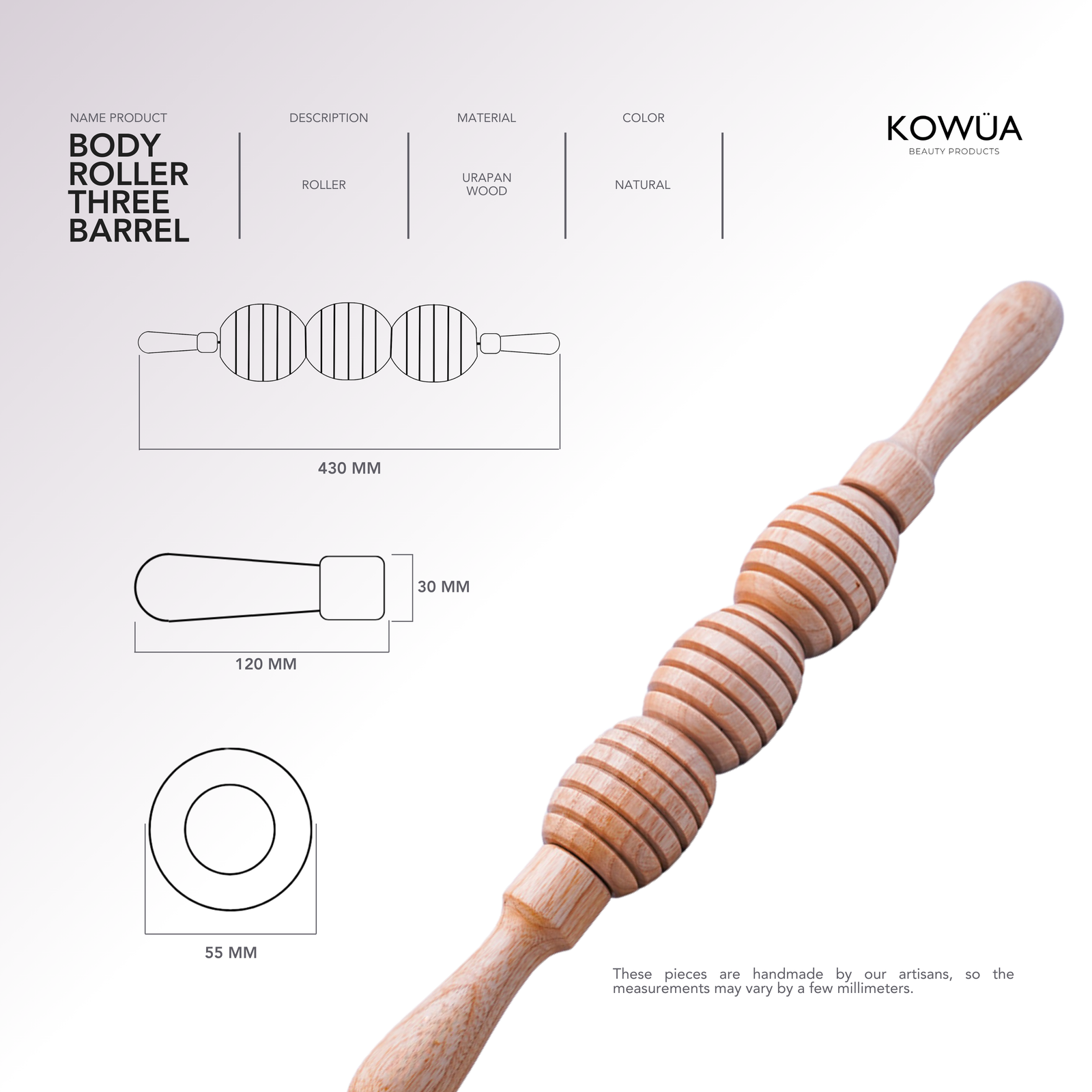 Body Roller Three Barrel technical drawing with dimensions in millimetres
