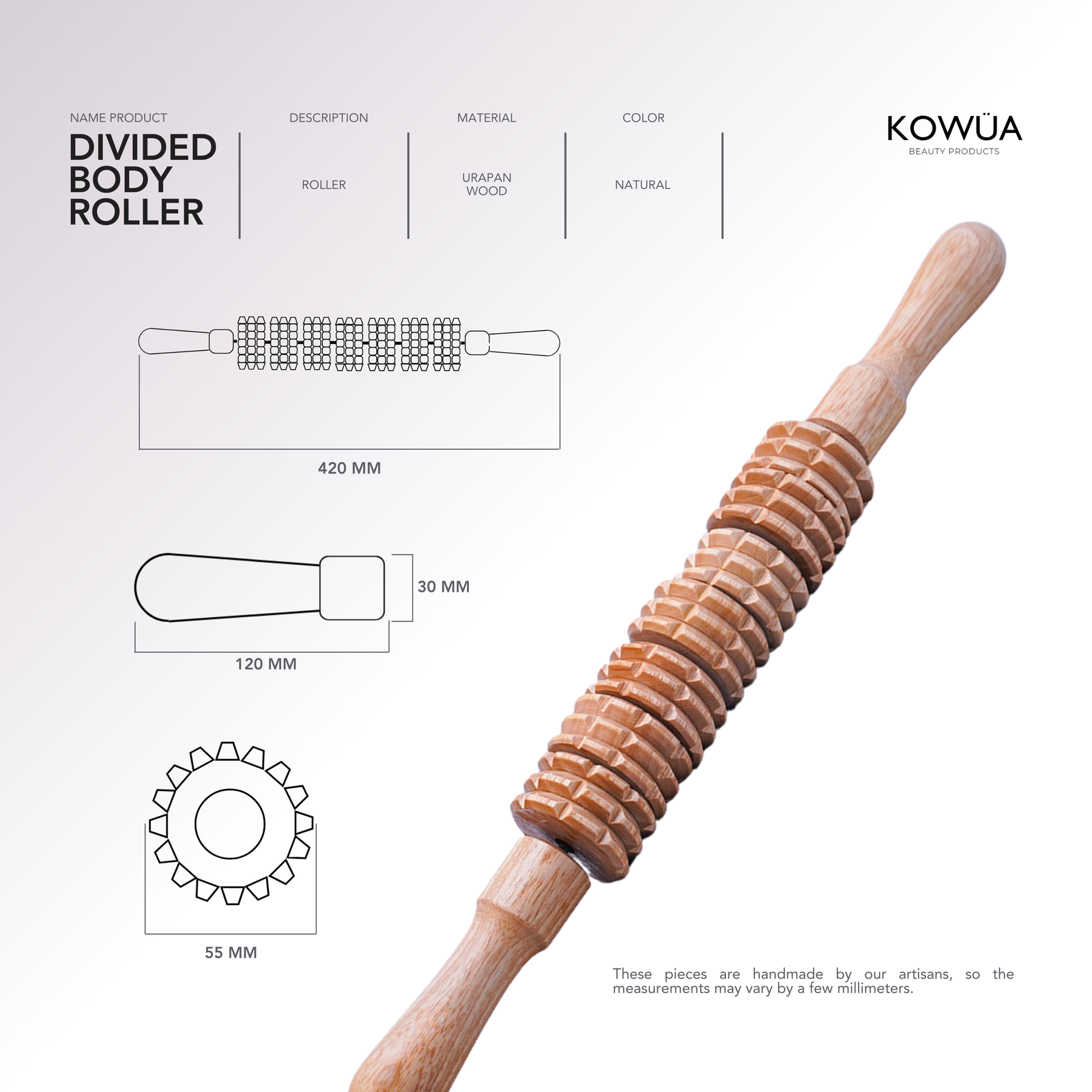 Divided Body Roller technical drawing with dimensions in millimetres
