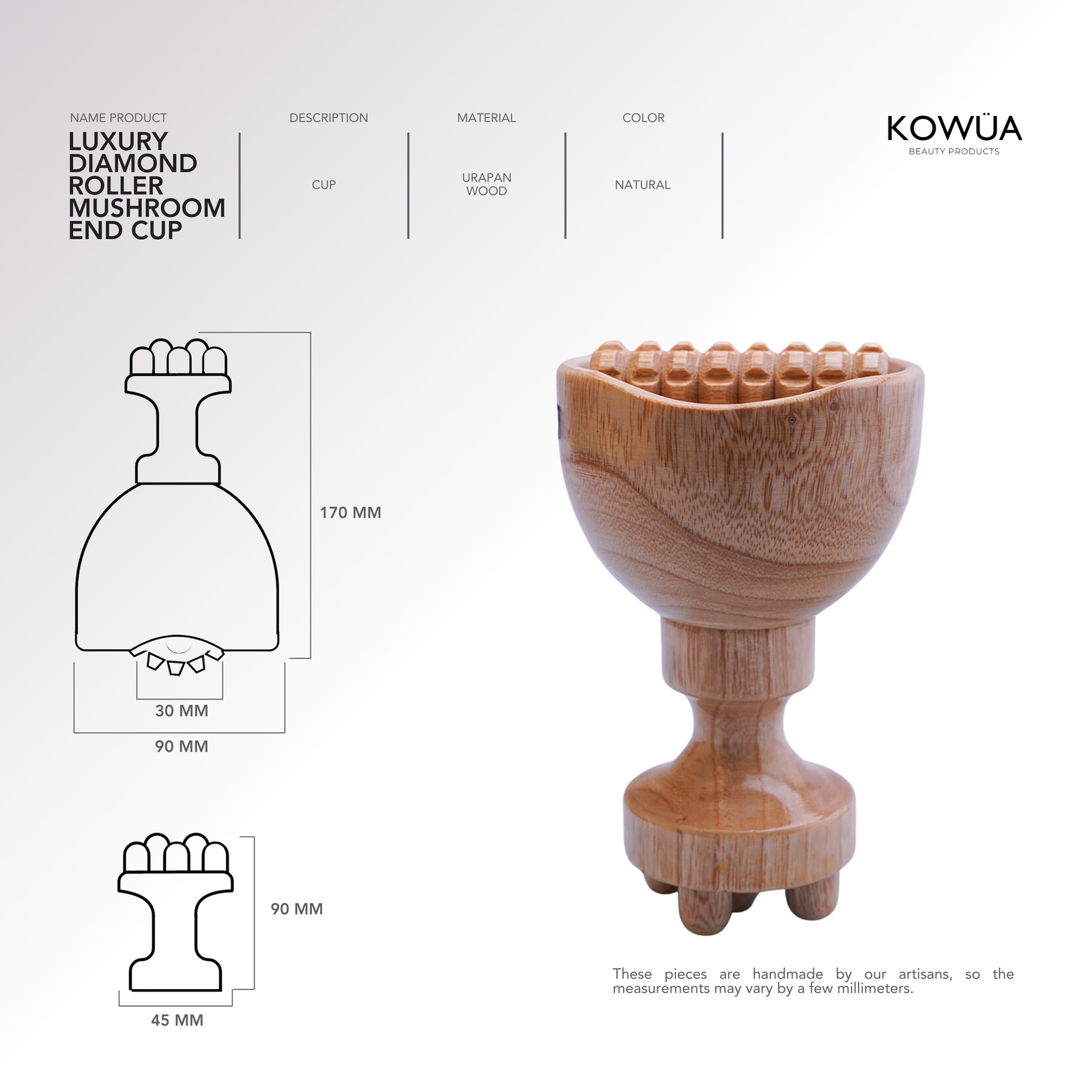Luxury Diamond Roller Mushroom End Cup technical drawing with dimensions in millimetres