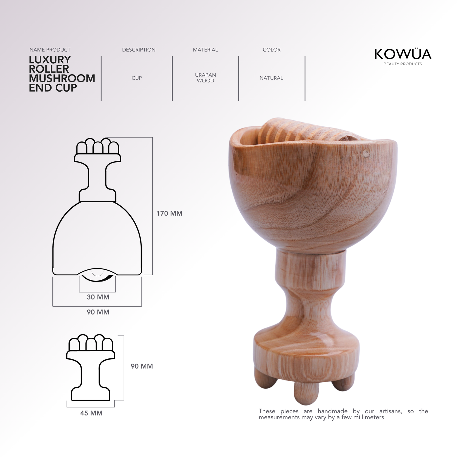Luxury Roller Mushroom End Cup technical drawing with dimensions in millimetres